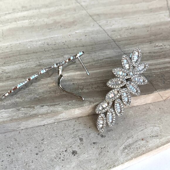 NEW ~ Anthropologie Pavé X Baguette Fancy Flower Drop Stud Silver Earrings - Picture 9 of 14